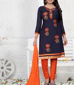 Blue embroidered cotton unstitched salwar suit dress material