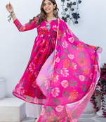 Pink floral georgette kurti set with designer dupatta
