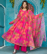 Rayon anarkali printed kurta set with pant & dupatta