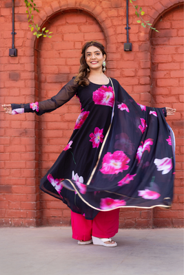 Elegant black floral georgette anarkali kurta set with gota patti dupatta 1