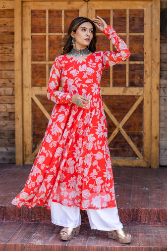 Red printed georgette suit set with dupatta
