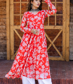Red printed georgette suit set with dupatta