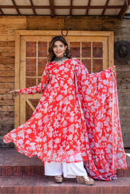 Red printed georgette suit set with dupatta 2