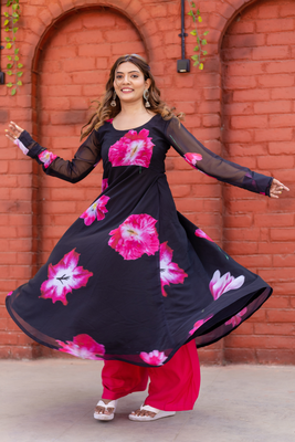 Elegant black floral georgette anarkali kurta set with gota patti dupatta 2