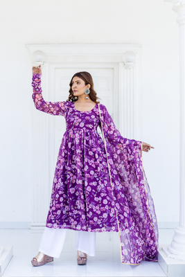 Floral print anarkali kurta with pants & dupatta 2
