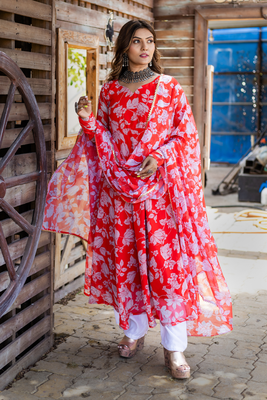 Red printed georgette suit set with dupatta 3
