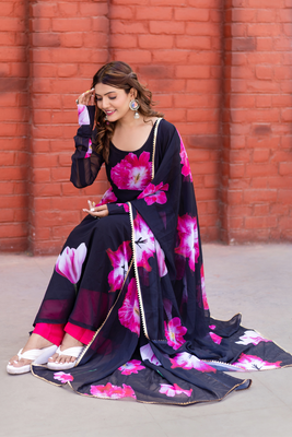 Elegant black floral georgette anarkali kurta set with gota patti dupatta 3