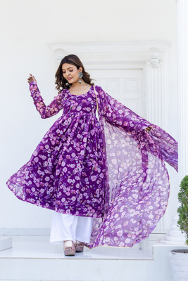 Floral print anarkali kurta with pants & dupatta 3