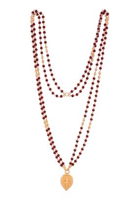 Maroon beads LONG necklace with golden cross in leaf pendant one gram gold 3