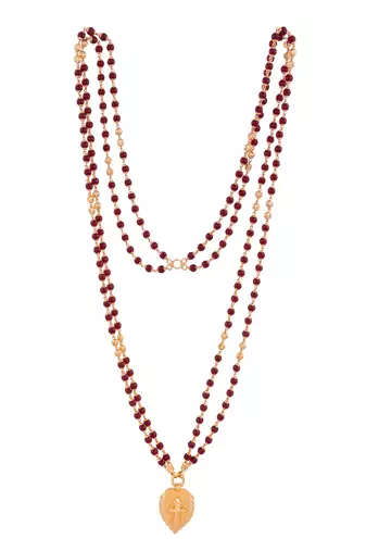 Maroon beads LONG necklace with golden cross in leaf pendant one gram gold