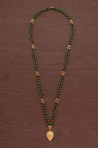 Green double line LONG necklace with cross in golden leaf pendant one gram gold