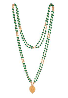Green double line LONG necklace with cross in golden leaf pendant one gram gold 3