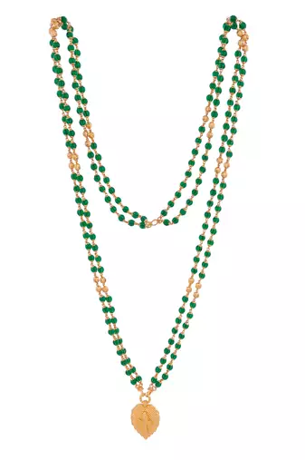 Green double line LONG necklace with cross in golden leaf pendant one gram gold