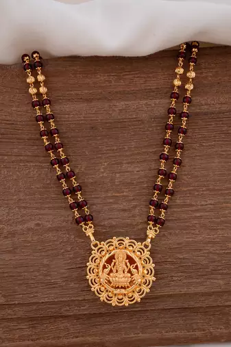 Maroon double line LONG necklace with Laxmi pendant and matching earrings one gram gold