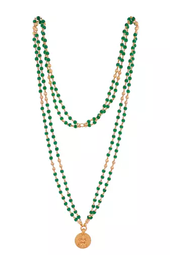 Green beads necklace LONG with Laxmi coin pendant one gram gold