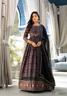 Partywear Designer Black Dola Silk Anarkali suit with Dupatta with Jacket pattern work 1