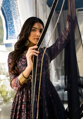 Partywear Designer Black Dola Silk Anarkali suit with Dupatta with Jacket pattern work 3