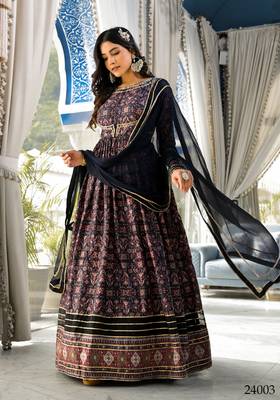 Partywear Designer Black Dola Silk Anarkali suit with Dupatta with Jacket pattern work 4