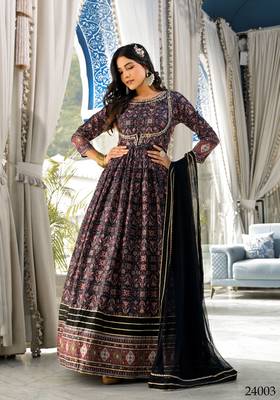 Partywear Designer Black Dola Silk Anarkali suit with Dupatta with Jacket pattern work 5