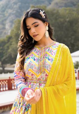 Partywear Designer Offwhite Dola Silk Anarkali suit with Dupatta 3