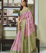 Rose Pink Colour Handloom Silk Blend Printed Saree With Blouse