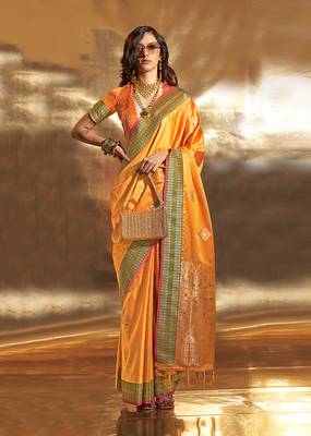 Yellow Colour Satin silk blend Zari Woven Saree With Blouse 1