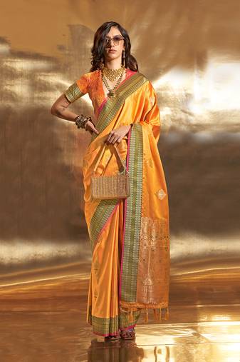 Yellow Colour Satin Silk Blend Zari Woven Designer Saree With Blouse
