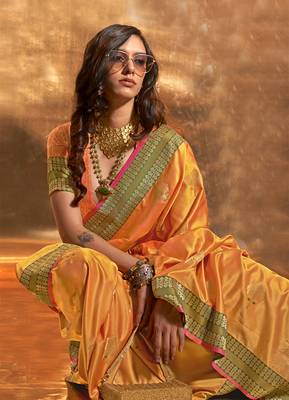 Yellow Colour Satin silk blend Zari Woven Saree With Blouse 2