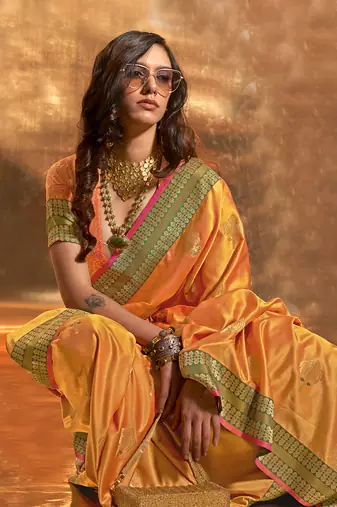 Yellow Colour Satin Silk Blend Zari Woven Saree With Blouse