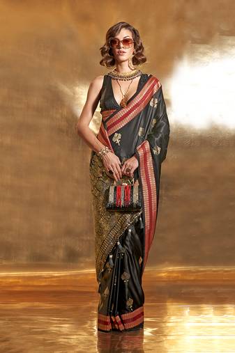 Black Colour Satin Silk Blend Zari Woven Designer Saree With Blouse