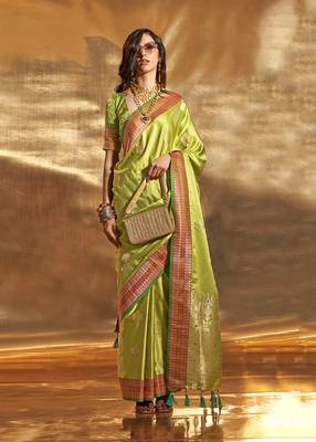Pear Green Colour Satin silk blend Zari Woven Saree With Blouse 1