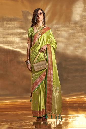 Pear Green Colour Satin Silk Blend Zari Woven Designer Saree With Blouse