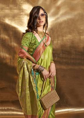 Pear Green Colour Satin silk blend Zari Woven Saree With Blouse 2
