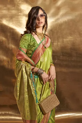 Pear Green Colour Satin silk blend Zari Woven Saree With Blouse