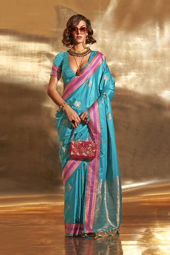 Blue Colour Satin Silk Blend Zari Woven Designer Saree With Blouse