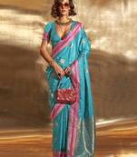 Blue Colour Satin Silk Blend Zari Woven Designer Saree With Blouse