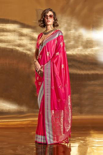 Dark Pink Colour Satin Silk Blend Zari Woven Designer Saree With Blouse
