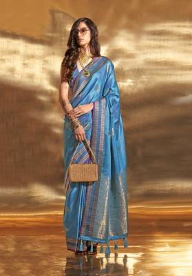 Cobalt Blue Colour Satin silk blend Zari Woven Saree With Blouse 1