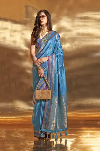 Cobalt Blue Colour Satin Silk Blend Zari Woven Designer Saree With Blouse