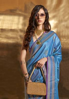 Cobalt Blue Colour Satin silk blend Zari Woven Saree With Blouse 2