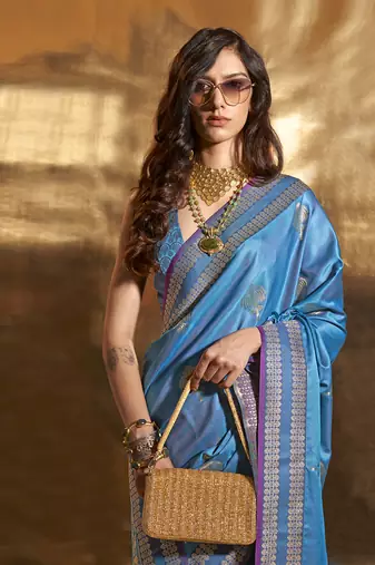 Cobalt Blue Colour Satin silk blend Zari Woven Saree With Blouse