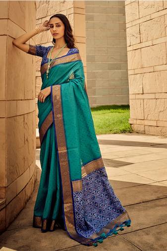 Teal Blue Color Handloom Silk Blend Patola Printed Saree With Blouse