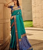 Teal Blue Color Handloom Silk Blend Patola Print Saree With Blouse