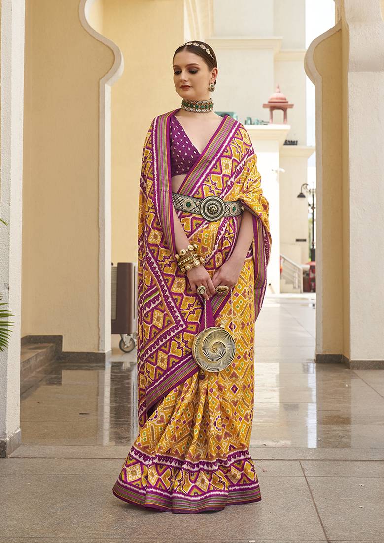 Yellow color patola printed festive silk saree with blouse