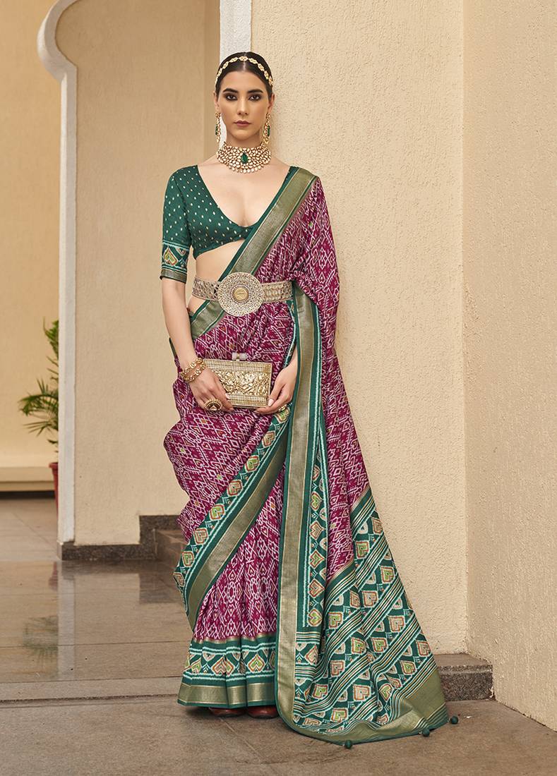 Wine color patola printed festive silk saree with blouse