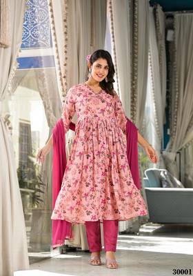 Light Pink Designer Stylish Rubi Silk Stitched Kurta, Pant and Dupatta set 1