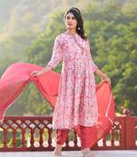 Pink Designer Stylish Rubi Silk Stitched Kurta, Pant and Dupatta set