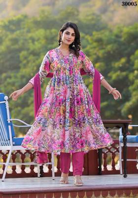 Pink Designer Stylish Slim Georgatte Stitched Kurta, Pant and Dupatta set 1