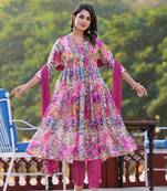 Pink Designer Stylish Slim Georgatte Stitched Kurta, Pant and Dupatta set