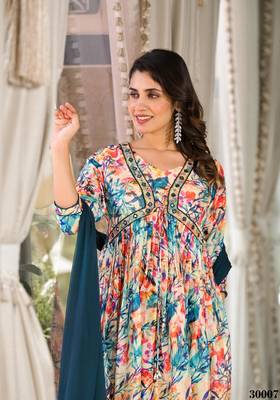 Designer Stylish Slim Georgatte Multi color Stitched Kurta, Pant and Dupatta set 1